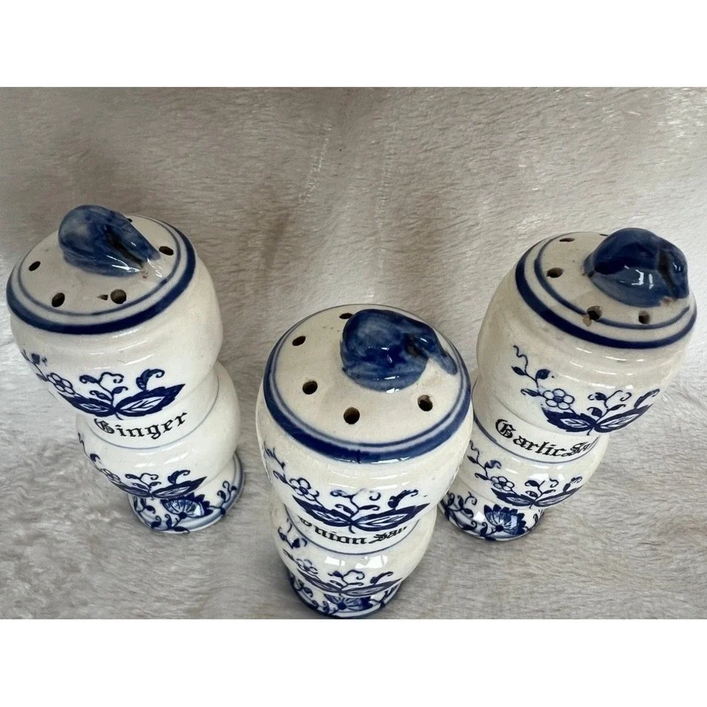Vintage Blue Onion Decor Ceramic Spice Jar Set Garlic Salt Onion Ginger Japan